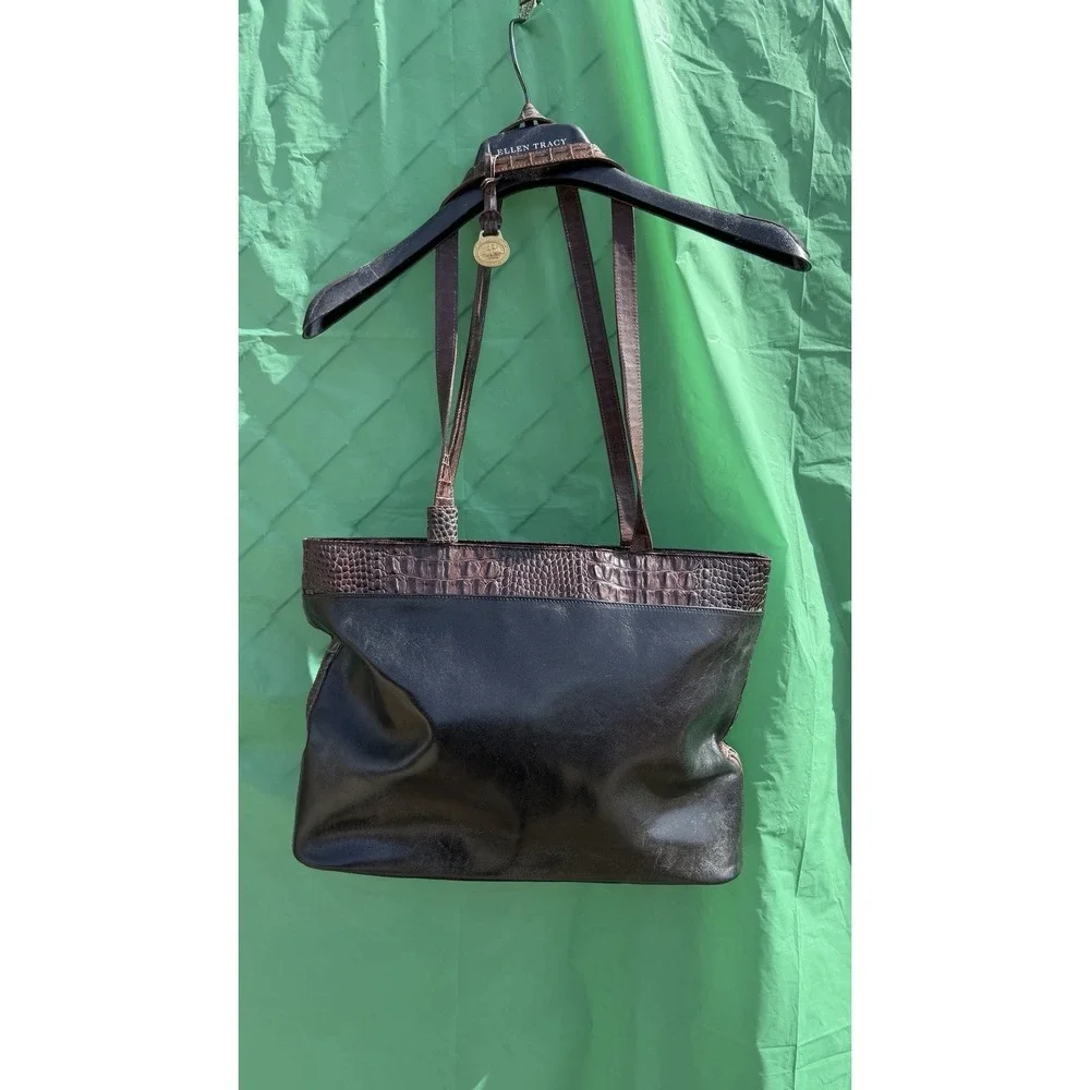 Brahmin Black‎ Brown Leather Tote Bag Croc Embossed Shoulder Purse